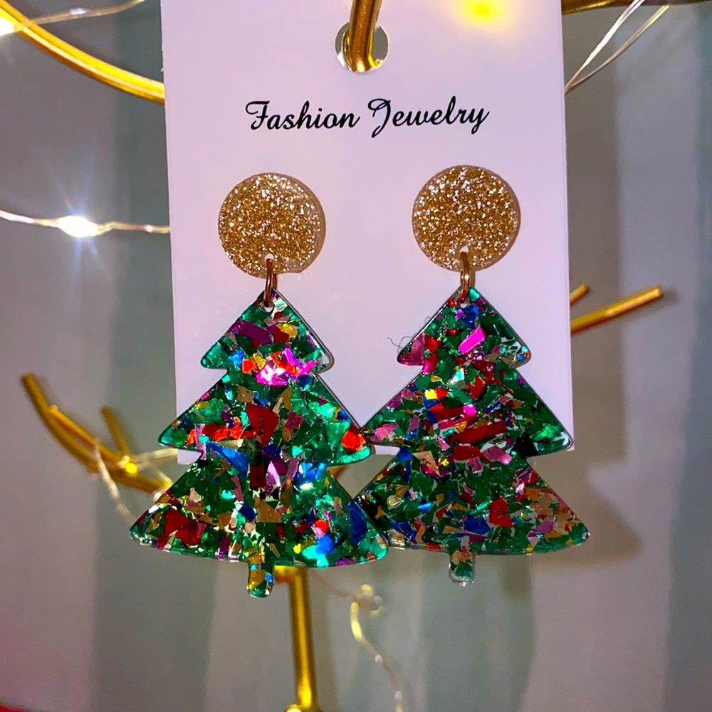 Trendy acrylic christmas tree glitter flakes earring gold glitter stud post new